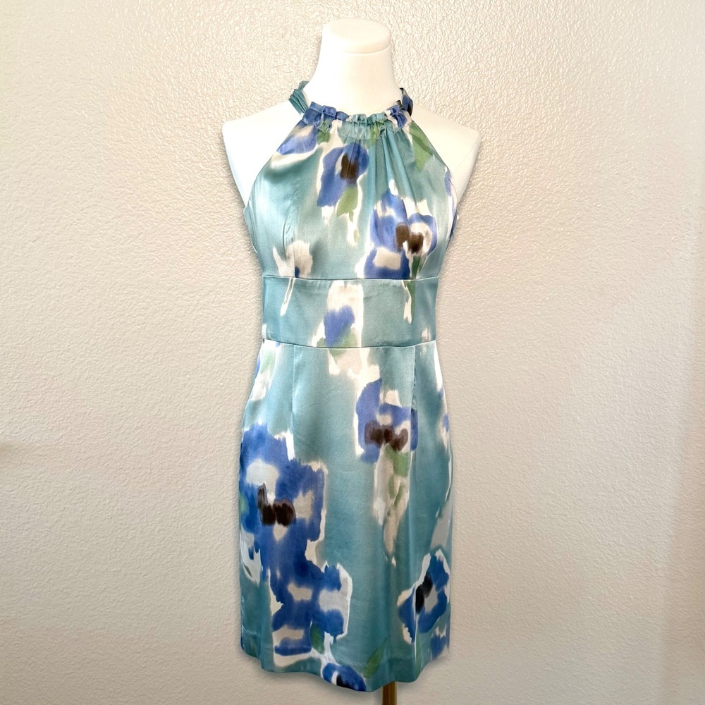 Ann Taylor Silk Halter Sheath Dress Watercolor Floral Coastal Quiet Luxury Sz 0P - Picture 3 of 14
